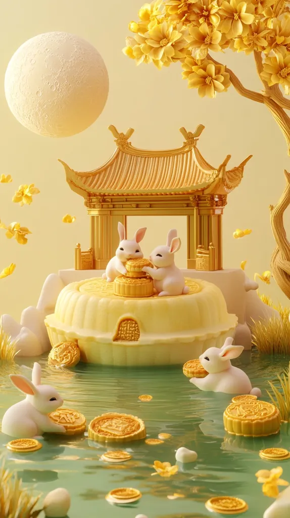 The image depicts a whimsical scene with a golden pagoda, two white rabbits, and a large moon. The rabbits are perched on a round cake-like structure, holding mooncakes, while the pagoda stands behind them.  Golden flowers float in the air, and scattered mooncakes rest on the water's surface, creating a magical and festive atmosphere. The image evokes a celebration of the Mid-Autumn Festival, a time for family, moon gazing, and enjoying delicious treats.