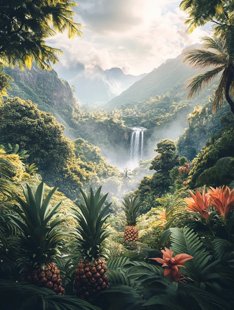 A lush tropical jungle scene unfolds with a cascading waterfall in the distance. Lush green foliage covers the valley floor, interspersed with vibrant pineapple plants. Palm trees sway in the gentle breeze, casting dappled shadows on the verdant landscape. The air is thick with moisture, creating a sense of serenity and tranquility. The scene is a testament to the beauty and richness of nature.