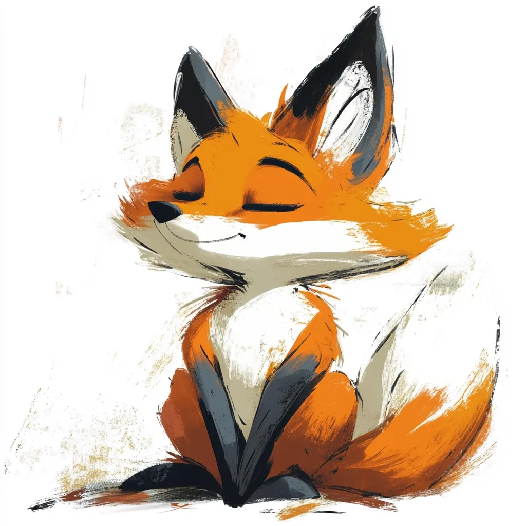 A cartoon fox with large black ears and a fluffy orange tail is sitting on a white background. Its eyes are closed and it has a slight smile on its face. The painting has a rough, textured look.  The fox appears to be very content.