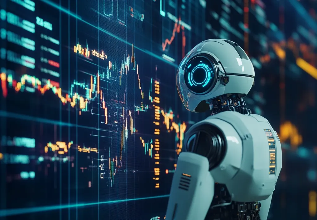 A white robot with a transparent dome head stands in front of a large screen displaying a complex financial chart with fluctuating lines and data. The robot's blue eye glows, suggesting it's analyzing the data. The scene evokes a futuristic vision of artificial intelligence involved in finance.  The image has a cool, technological aesthetic.