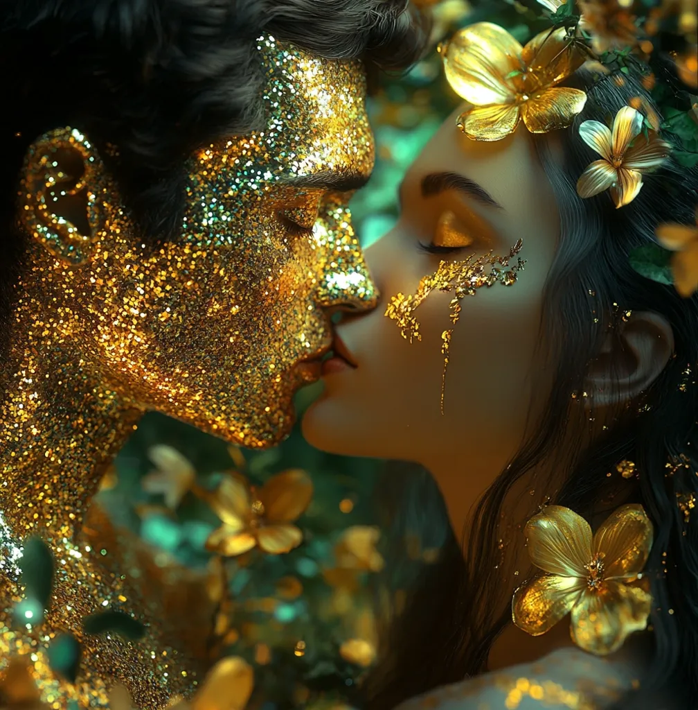 A man and woman, both covered in shimmering gold glitter, are about to kiss. The woman has golden flowers in her hair and a single golden tear running down her cheek.  The background is a blurred image of green leaves and flowers. The image has a magical, ethereal quality.