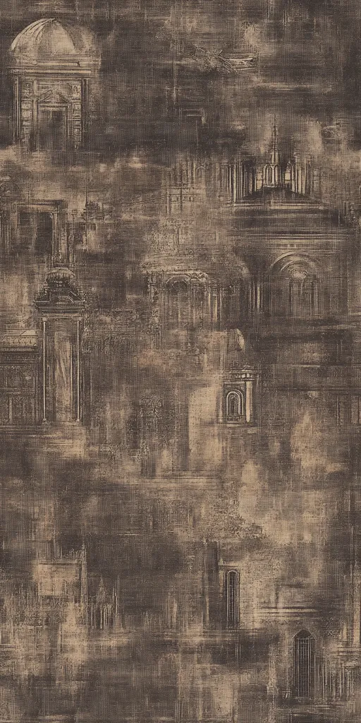 The image is a textured, abstract wallpaper with an overlay of faded, architectural drawings. The drawings depict various structures, including arches, doorways, and domes, but are largely obscured by the underlying texture. The color palette is muted browns and tans, evoking a sense of age and antiquity.