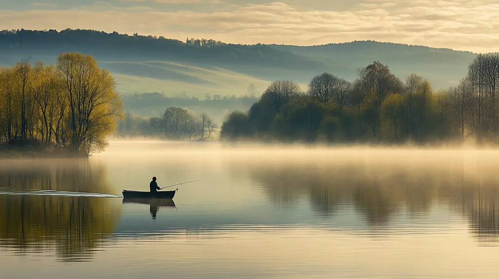 A solitary figure rows a small boat across a still lake, shrouded in morning mist. The sun is rising, casting a warm glow over the water and reflecting off the distant hills. Trees line the shore, their branches silhouetted against the hazy sky.  The scene evokes a sense of peace and tranquility.