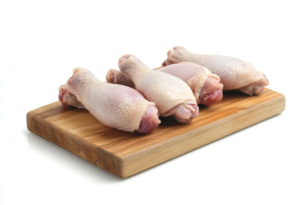 Four raw chicken drumsticks lay on a wooden cutting board. The chicken is pale and uncooked, with the bone visible at the end of each leg. The cutting board is made of light wood with a natural grain pattern. The image is shot from a high angle, with a white background.