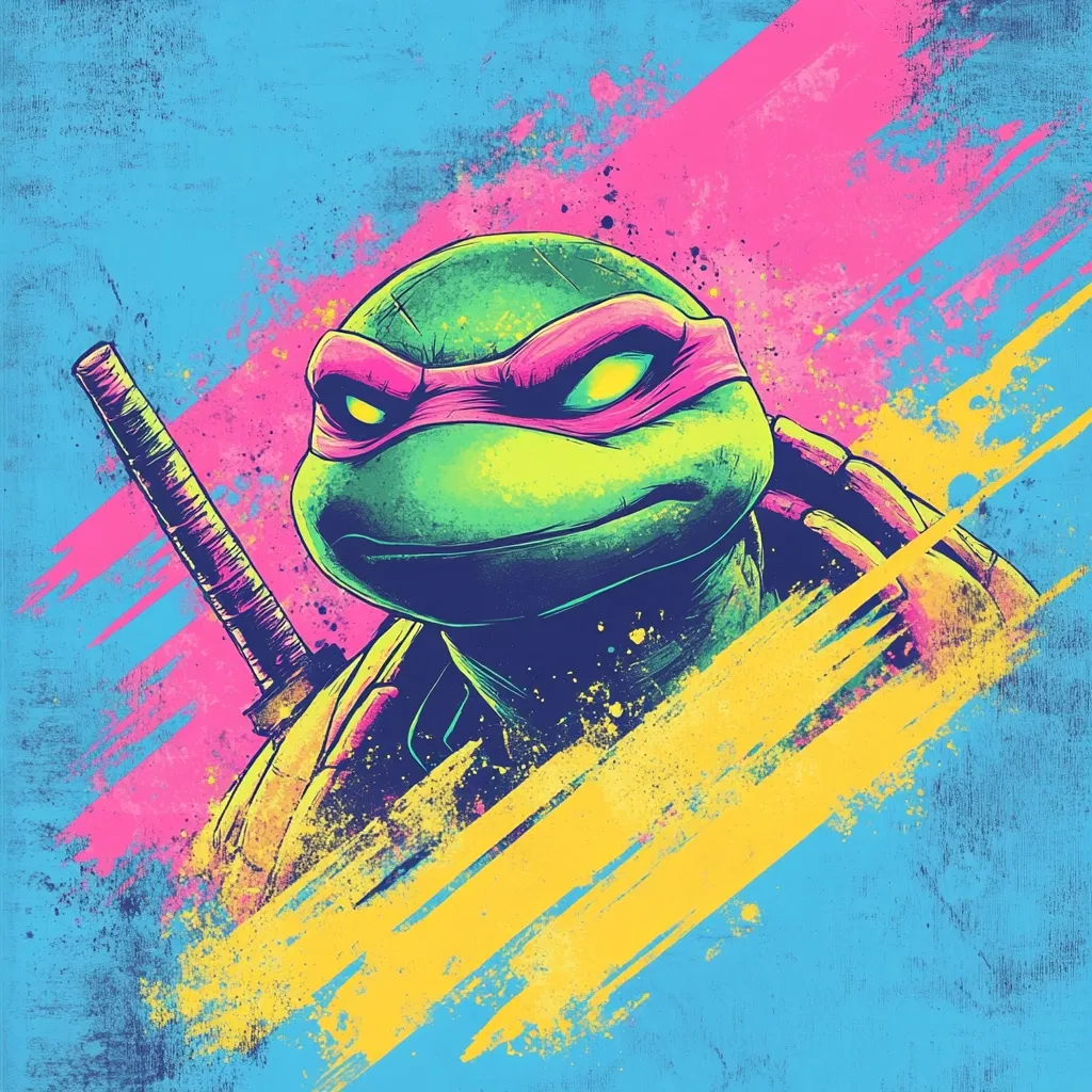 The image depicts a Teenage Mutant Ninja Turtle, likely Raphael, in a graphic, stylized design. He is facing the right, with a stern expression, and a pink bandana and a katana sword. The background features a vibrant color palette of blue, pink, and yellow, creating a dynamic and energetic visual. The overall style is reminiscent of 1980s and 1990s pop art and graffiti, capturing the rebellious spirit of the Teenage Mutant Ninja Turtles.