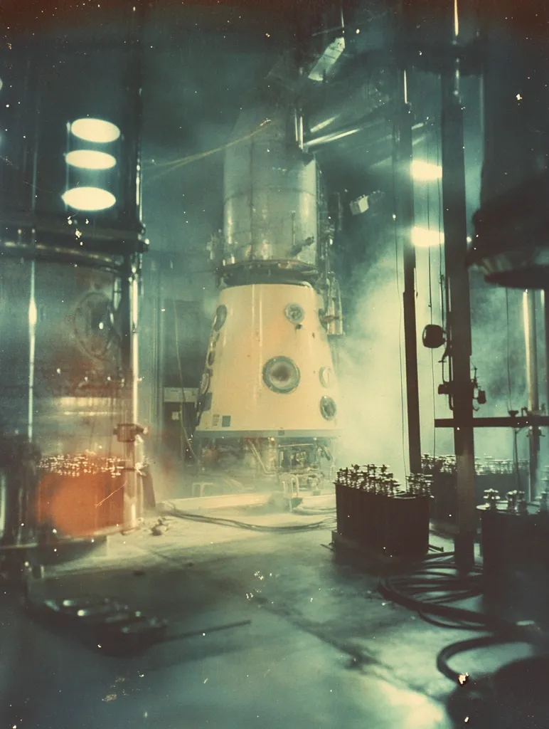 A grainy, faded photograph of a spacecraft inside a dimly lit hangar. The spacecraft appears to be a cone-shaped capsule, with a metallic exterior and several round portholes. It is surrounded by a hazy mist, suggesting the possibility of a recent test or launch.  Metal beams and electrical equipment are visible in the background, providing a sense of industrial scale. The image evokes a sense of technological advancement and the excitement surrounding early space exploration.