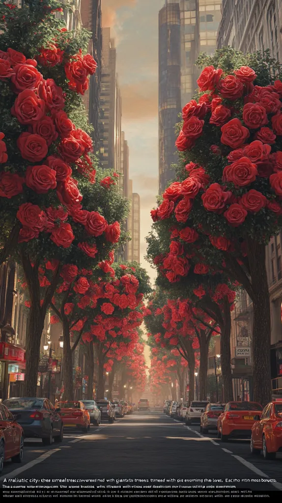 A realistic city, the street trees converted red with giant trees toned with gas enclosing the leaves. Each tree holds mass bouquets. The scene is an urban dreamscape. The grand boulevards, the street with trees and dazzling the sunrise until the evening.  Each rose mass bouquests, which will emphasize it as well. The sun beamed behind all the trees, while adding a romance and a bit of a mysterious feel. The city is full of mysteries, but it is a place where dreams come true.