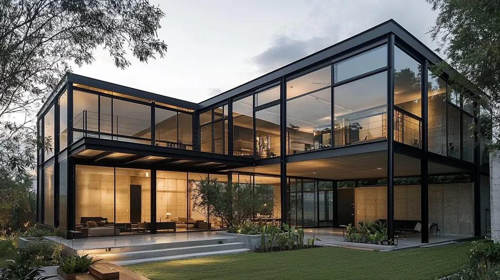 The image showcases a modern, sleek home with a minimalist design. Its exterior is predominantly made of glass and black metal, creating a striking contrast against the lush green lawn. The house is elevated on steel pillars, offering a spacious and airy feel. The large windows allow ample natural light to flood the interior, while the open floor plan seamlessly connects the living areas. The minimalist landscaping complements the home's modern aesthetic, creating a serene and inviting atmosphere.