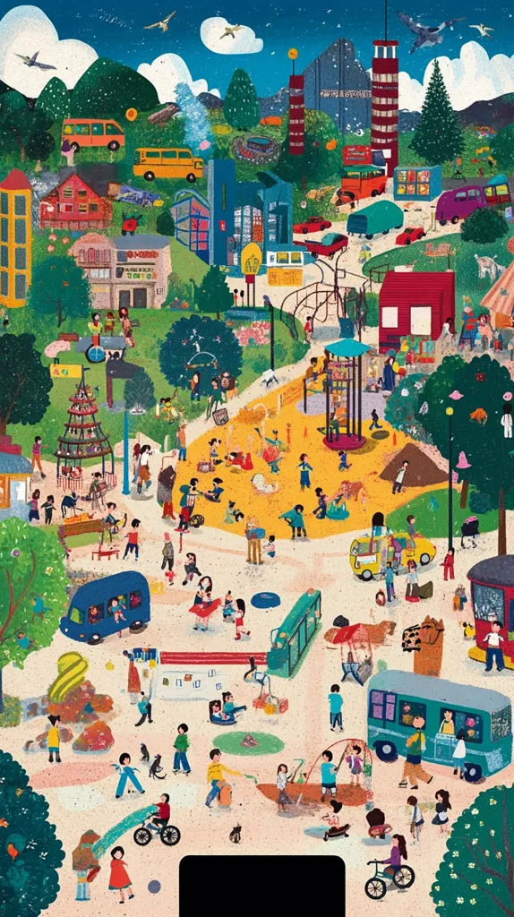The image is a vibrant, colorful illustration of a bustling park scene. There are many children playing, adults walking, and various vehicles, including buses, trucks, and a food truck. The park is filled with trees, flowers, and other greenery, creating a cheerful and lively atmosphere. In the background, there are buildings and a mountain range, suggesting a busy urban environment. The overall impression is one of joy, community, and the simple pleasures of everyday life.