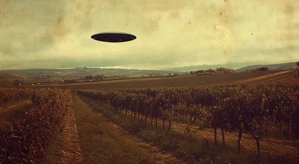 The image depicts a vast vineyard with rows of grapevines stretching out towards the horizon. A lone, dark, disc-shaped UFO hovers in the sky above the field, adding an element of mystery to the scene. The landscape is bathed in a warm, golden light, with a hint of vintage aesthetic. The image evokes a sense of wonder and intrigue, suggesting an encounter between the ordinary and the extraordinary.