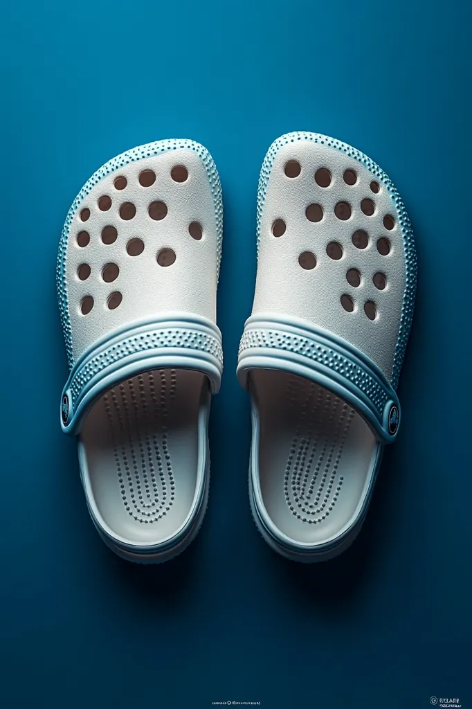 A pair of white clogs with blue trim sit on a vibrant blue background. The clogs are made of a soft, rubbery material and feature a unique design with numerous circular holes throughout. The clogs are viewed from above, showcasing their overall shape and texture. The blue background provides a stark contrast to the white clogs, enhancing their visual appeal.