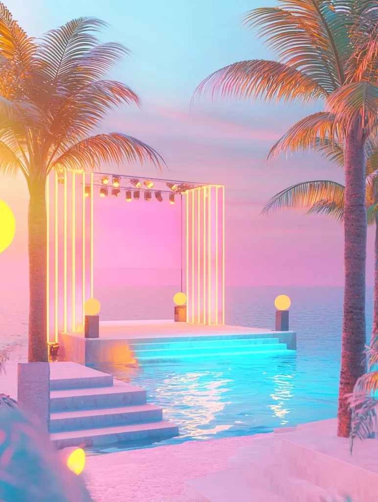 A surreal, dreamy scene with two palm trees silhouetted against a vibrant pink and blue sunset. A glowing stage structure sits beside a crystal clear swimming pool. The scene is bathed in an otherworldly light, creating a sense of tranquility and escapism.