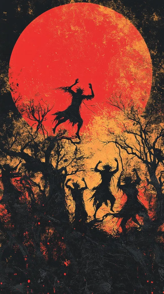 The image depicts a dark and eerie scene. A large, blood-red moon dominates the sky, casting an ominous glow on a shadowy forest. Silhouettes of figures, seemingly skeletal and grotesque, dance among the trees, their limbs contorted in unnatural positions. The overall atmosphere is one of dread and unease, suggesting a haunting or supernatural event. The image is rendered in a stylized, almost cartoonish manner, with bold colors and sharp lines, contributing to its unsettling effect.