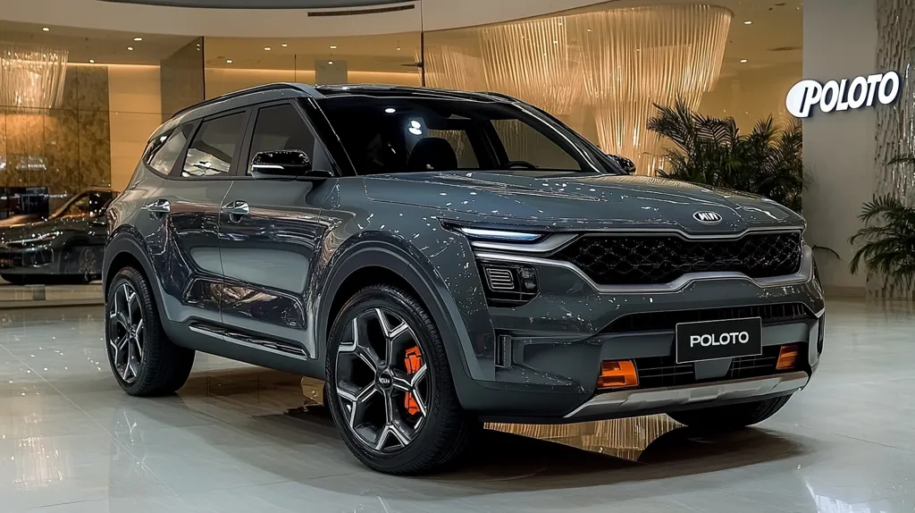 The image shows a Kia Seltos, a compact crossover SUV, in a showroom. The car is dark gray, and its front end is on display. The car features a black grille, silver accents, and blacked-out wheels with orange brake calipers. The car is positioned on a glossy white tile floor. The dealership's logo, "Poloto," is seen in the background.