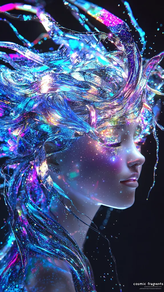 The image shows a woman's face, seemingly made of iridescent, flowing water. The water shimmers with a spectrum of colors, and glitters with tiny stars.  The woman’s eyes are closed and her expression is serene,  evoking a sense of calmness and tranquility. The background is a dark, deep blue, reminiscent of the night sky.  The overall effect is both beautiful and ethereal.
