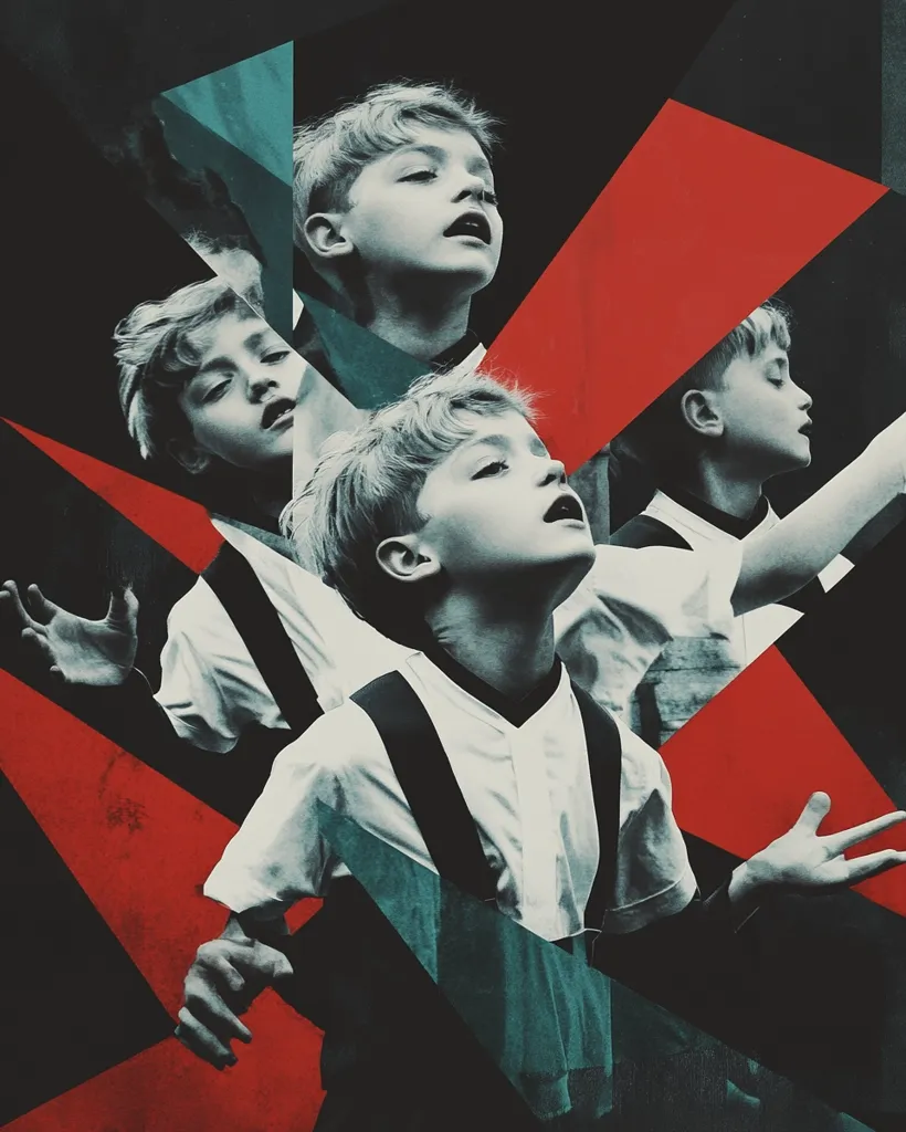 The image features a collage of three young boys, their faces overlapping and angled against a backdrop of bold, contrasting colors. The boys are positioned in a triangular configuration, with a large red triangle dominating the central space, surrounded by jagged shapes of teal and black. The boys appear to be dressed in similar outfits, with white shirts and black suspenders, creating a sense of unity and a visual echo. The image has a stark, modern aesthetic, evoking a sense of both tension and intrigue.
