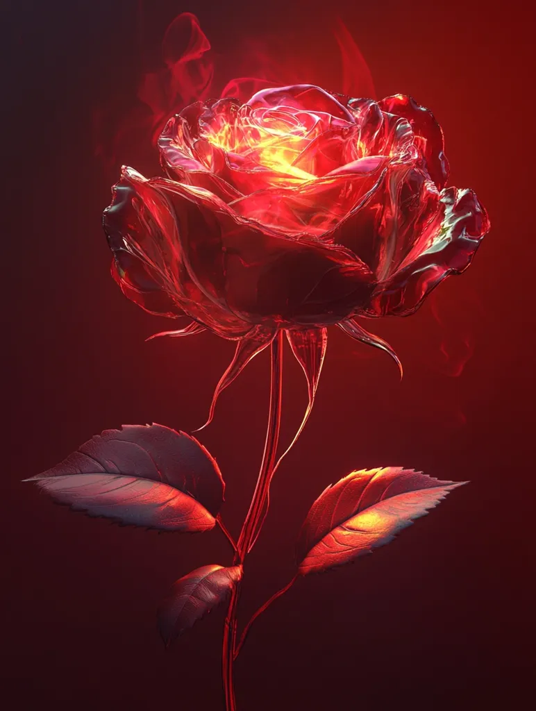 A single, red rose, rendered in a glassy, almost molten, style, stands out against a red background. Its petals glow with a fiery inner light, and delicate leaves extend from the stem. The image evokes feelings of passion, intensity, and perhaps even danger.  The rose appears to be bathed in the warm glow of a setting sun or a gentle fire, creating a captivating, almost otherworldly, atmosphere.