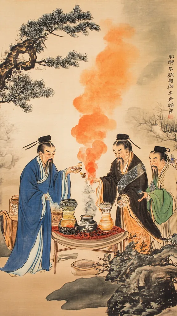 Three men in traditional Chinese clothing stand around a table with steaming pots and incense burners, their robes flowing in the breeze. A pine tree branches overhead, while red smoke billows from the pots, hinting at a ceremonial or spiritual setting. The painting captures a moment of quiet contemplation and the reverence for ancient traditions.