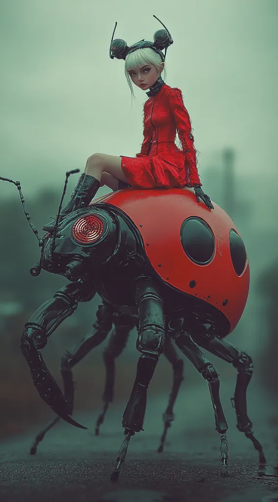 A stylized, almost doll-like figure with white hair and a red dress sits atop a giant mechanical ladybug. The ladybug is made of black metal, with red shell and prominent,  glowing red eyes. The figure's head is adorned with circular black antennae, adding to the futuristic and surreal aesthetic. The scene is set against a blurred, misty background, enhancing the sense of mystery.