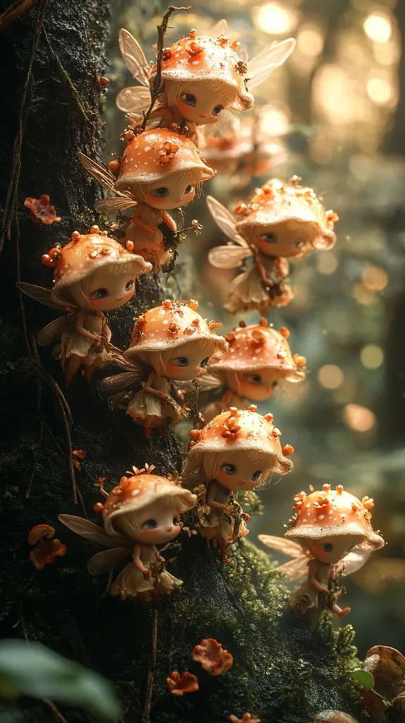 A group of adorable fairies, each with delicate wings and big, expressive eyes, perch on mushroom caps in a dreamy forest setting. They are surrounded by soft light filtering through the trees, creating a whimsical and magical atmosphere. Their mushroom homes are adorned with intricate details and textures, adding to the enchanting charm of this enchanting scene.