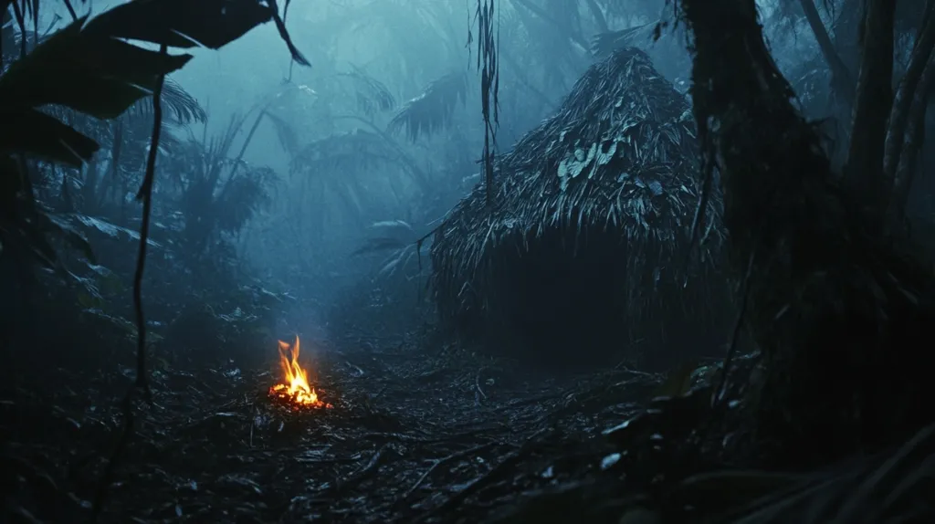 A small campfire crackles in the foreground, casting a warm glow on the dark, shadowy jungle floor. Tall, thick trees form a dense canopy overhead, obscuring the sky and creating an atmosphere of mystery and isolation.  A small, thatched hut sits in the distance, barely visible through the dense foliage. The air is thick with fog and mist, adding to the eerie and unsettling ambiance.