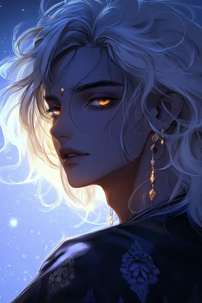 The image depicts a young person with long, flowing white hair and piercing orange eyes. They are wearing a dark, embroidered garment and gold earrings. The background is a night sky with stars, creating a sense of mystery and intrigue. The person's expression is enigmatic, suggesting a complex character with a hidden story.  The overall tone of the image is dramatic and atmospheric.