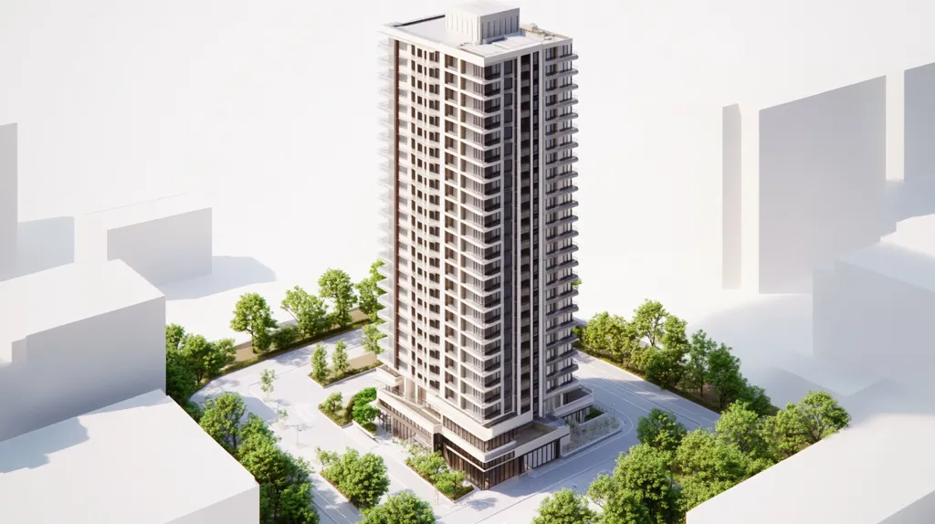 The image is a bird's eye view of a modern apartment building. The building is tall and sleek with a white facade and black accents. It is surrounded by a small park with green trees and bushes. The building is located in a city with other buildings in the background, though they are not fully visible in the image. The image is rendered in a realistic style, with attention to detail. The composition of the image is balanced and the overall aesthetic is clean and modern.