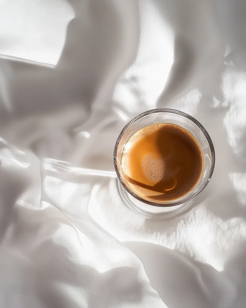 A cup of coffee sits on a white, silky fabric, bathed in soft, natural light. The coffee is dark and rich, with a creamy foam on top. The smooth fabric drapes around the cup, creating a minimalist and elegant scene. The image evokes a sense of calm and tranquility, perfect for a relaxing moment.