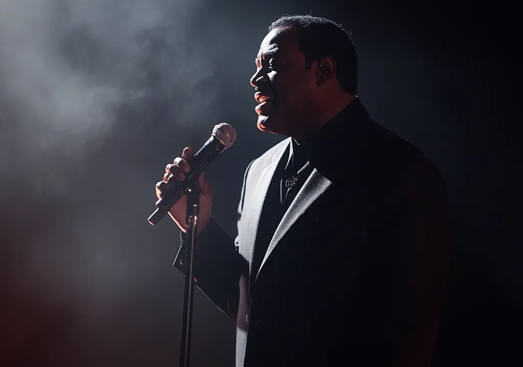 A man in a black suit and bow tie stands on a stage, bathed in a spotlight. He holds a microphone in his right hand, singing with his eyes closed. Smoke billows around him, creating a dramatic atmosphere.  He is deeply engrossed in his performance,  his expression conveying passion and intensity. The image captures the raw emotion and energy of a live performance.
