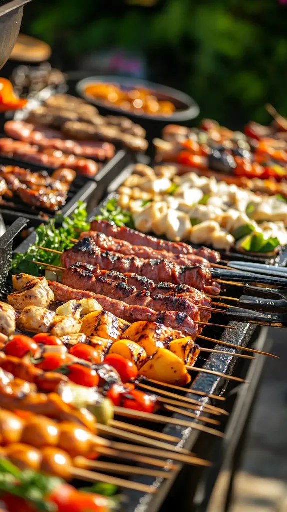 A close-up shot of a grill with a variety of food on skewers, including sausages, peppers, onions, and tomatoes. The food is cooked to perfection and ready to be enjoyed. The skewers are arranged in a row, with the food neatly placed on top. The image captures the essence of a delicious barbecue feast.