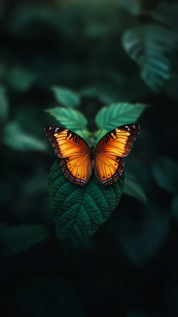 A single, vibrant orange butterfly with black markings rests on a large, green leaf. The butterfly's wings are spread wide, and it appears to be basking in the sunlight. The leaf is the only source of color in the image, with the surrounding foliage a deep, rich green. The image is a study in contrasts, with the bright butterfly a stark contrast against the dark background.