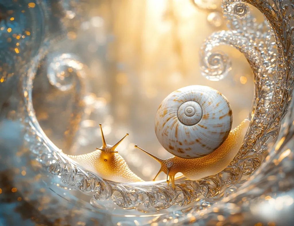 Two snails, one large and one small, are nestled within a delicate, intricate, swirling, crystalline structure. The larger snail, with a white shell and golden body, is in the foreground, while the smaller snail, with a light brown shell, is behind it. The image is illuminated by a soft, golden light, creating a dreamy and ethereal atmosphere.