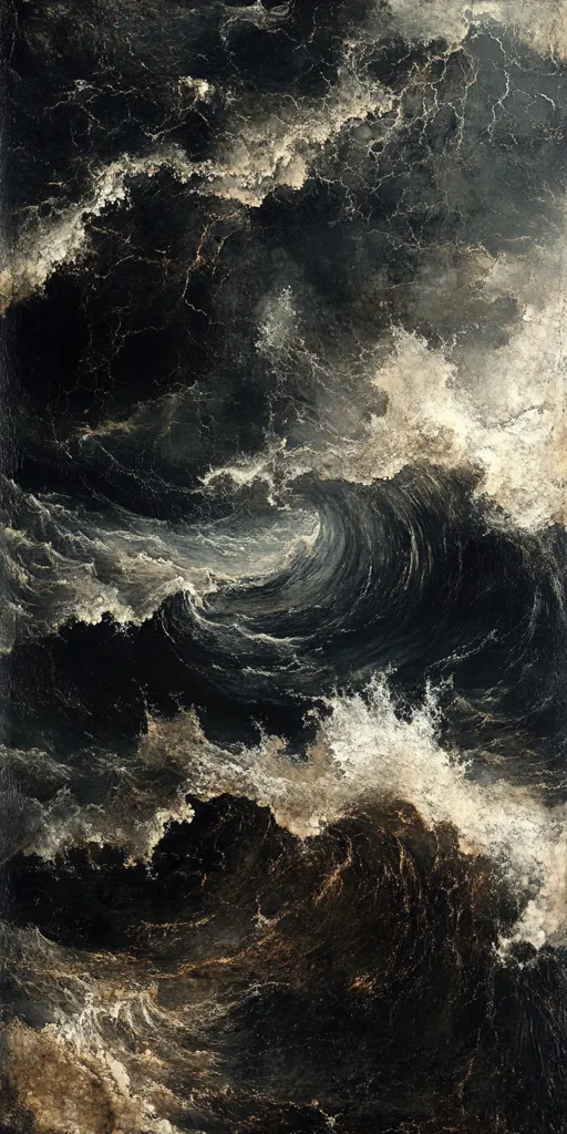 The image depicts a stormy sea with towering waves crashing against each other. The water is dark and turbulent, with white foam cresting the waves. The sky is overcast with dark clouds, adding to the sense of foreboding. The overall tone of the image is dramatic and intense.