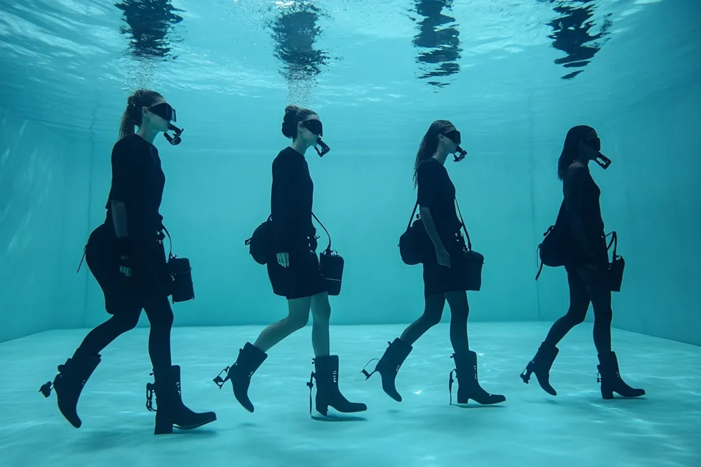Four women, dressed in black, walk in a single file line in a shallow pool of water. They are wearing black diving masks and boots. The water is clear and blue, with the reflection of the sky above.  The women are walking in a confident and stylish manner, despite the unusual setting.