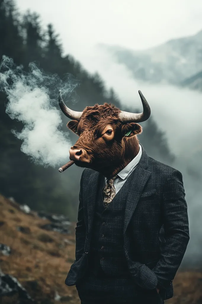 A man wearing a dark suit with a brown bull head for a head, stands in a foggy, mountainous landscape. He is smoking a cigar and exhaling a plume of smoke. The image has a surreal and humorous tone, presenting a juxtaposition between the animalistic and the human. The background is blurred, emphasizing the man and his unique appearance.