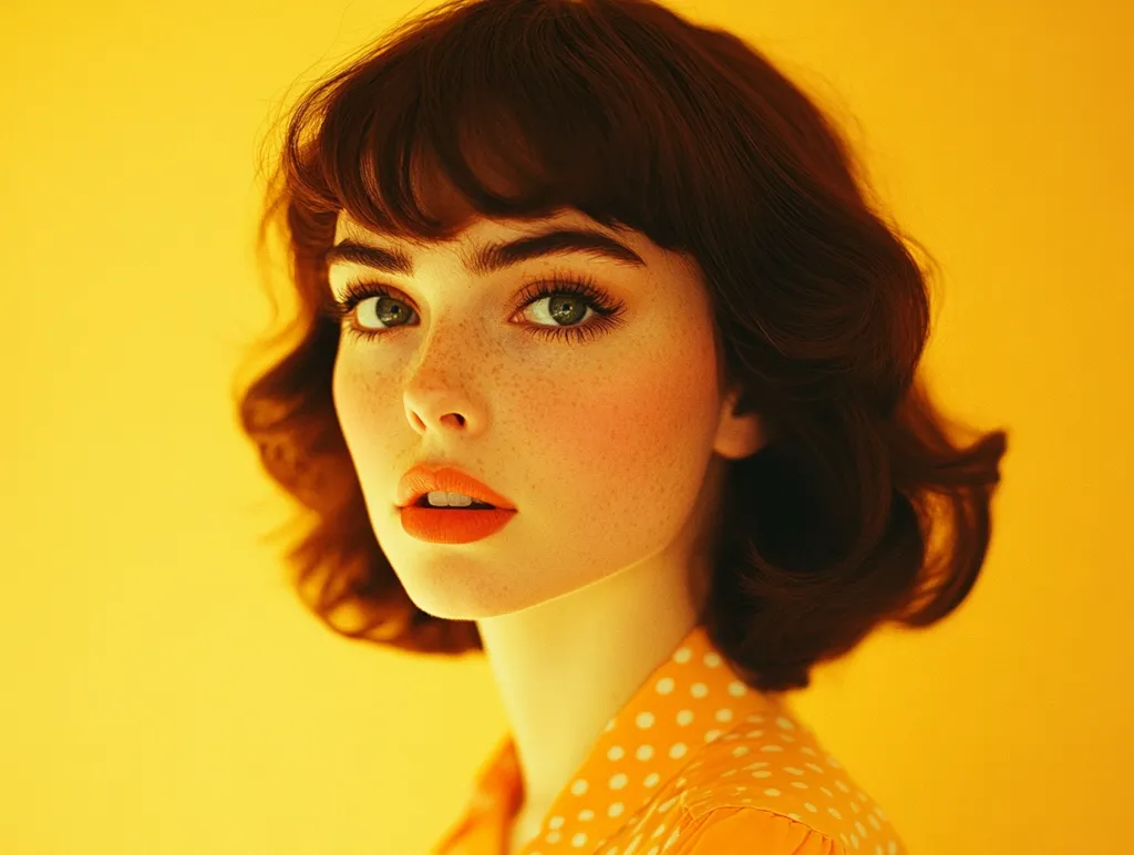 A woman with short, curly, auburn hair and a fringe is looking directly at the camera. She has green eyes, freckles, and is wearing bright red lipstick. She is wearing an orange and white polka dot dress and is standing in front of a bright yellow background. The light is soft and warm. The focus is on her eyes and lips.