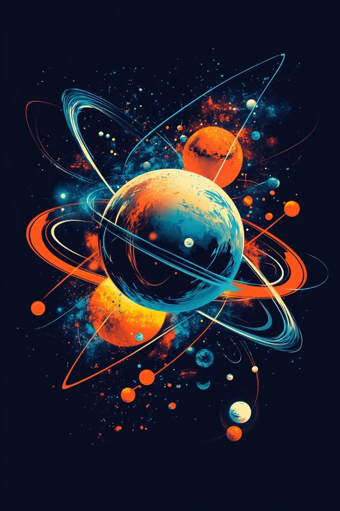 The image depicts a vibrant and colorful depiction of a solar system. A large, blue and orange planet dominates the center, encircled by luminous rings. Smaller planets and celestial bodies orbit, creating a dynamic and chaotic scene.  Scattered throughout the image are stars and glowing dust particles, adding to the sense of cosmic wonder. The artwork is rendered in a dynamic style with sharp lines and contrasting colors, evoking a sense of energy and movement.