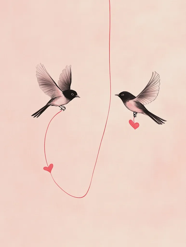 Two black and white birds are connected by a red string with hearts hanging from it. The birds are flying in opposite directions against a soft pink background. The image evokes a sense of love and connection, with the string symbolizing the bond between the two birds.  The simple composition and delicate details create a romantic and whimsical feel.