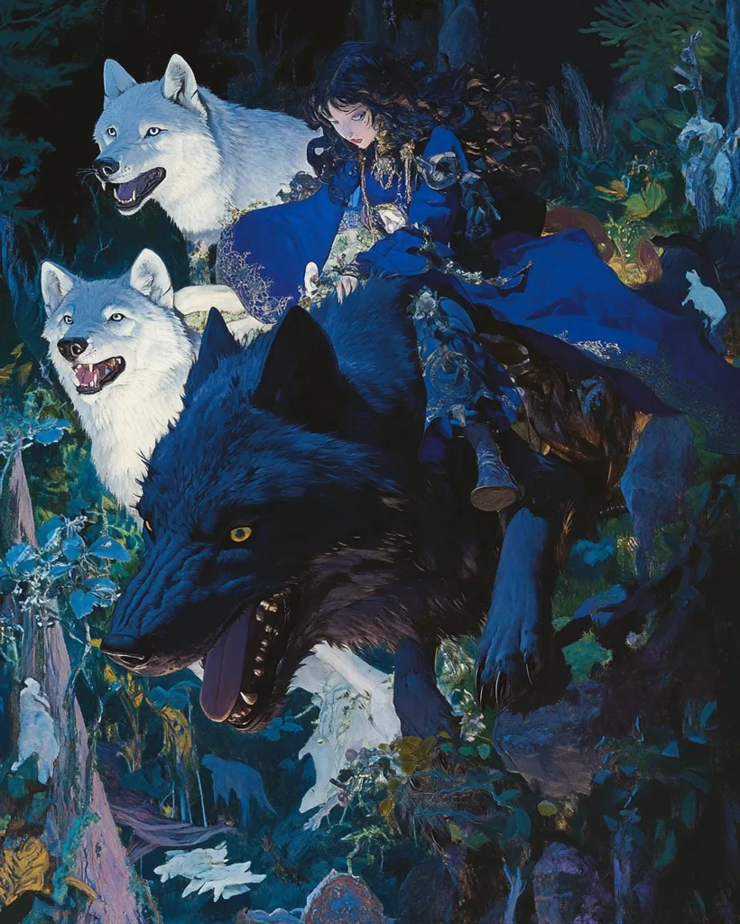 A woman with long dark hair, dressed in a blue and gold gown, rides a black wolf through a dense, lush forest. Two white wolves, one in the foreground and one in the background, watch her journey. The woman's gaze is fixed forward, her expression unreadable, while the black wolf's fangs are bared in a menacing snarl. The forest is shrouded in an atmosphere of mystery and danger. The image suggests a journey, perhaps a quest, into the unknown.