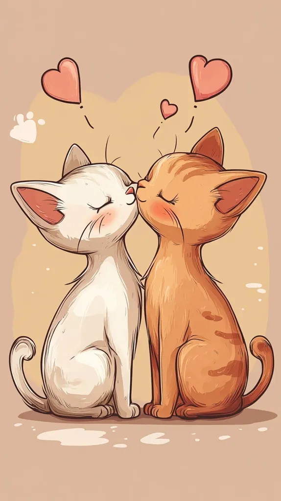 Two cartoon cats, one white and one orange, are sitting side by side. The white cat is kissing the orange cat on the cheek.  Both cats have their eyes closed and are smiling.  There are three small hearts floating above the cats, symbolizing love. The background is a pale peach color. The cats are drawn in a cute and whimsical style.