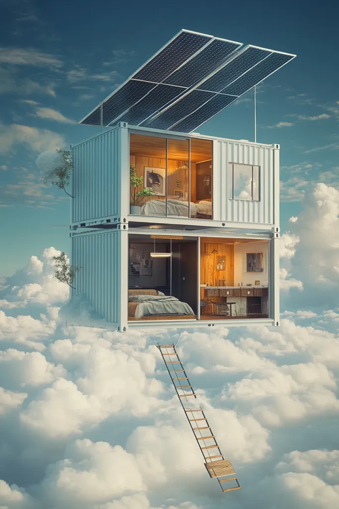 A two-story home built from shipping containers floats in the clouds. The home has large windows, a wooden interior, and a solar panel roof. A wooden ladder hangs down from the home, extending into the clouds below. The scene is dreamlike, suggesting a sense of escape and tranquility.