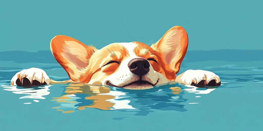 A corgi dog with closed eyes is floating in the water, enjoying a refreshing swim. The dog's face is visible above the waterline, with its ears and paws partially submerged. The water is a cool blue, with ripples and reflections from the sun. The dog looks content and relaxed, enjoying the cool water on a hot day.