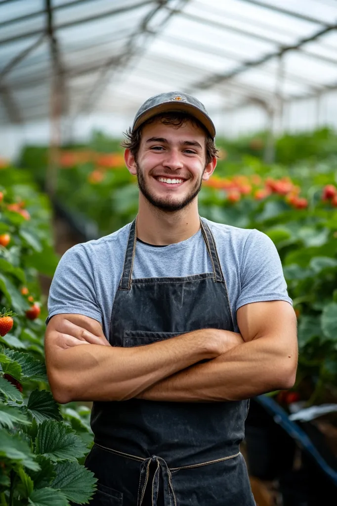 A young man in a grey t-shirt and black apron stands with his arms crossed in a greenhouse. He is wearing a black baseball cap and smiling at the camera. The background shows rows of plants with red fruits. The image portrays a sense of hard work and pride in his farming.