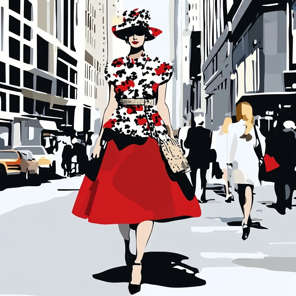 A stylish woman in a red skirt and floral top walks down a city street. She wears a wide-brimmed hat and carries a handbag. Other people, blurred in the background, are walking in the same direction. The scene is stylized and modern, with a minimalist, graphic style. The woman exudes confidence and chicness as she navigates the urban landscape.