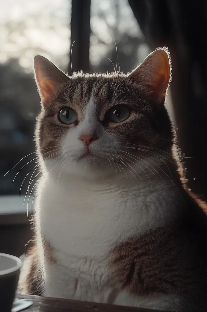 A close-up shot of a tabby cat with white markings. The cat is looking directly at the camera with a serious expression. Its fur is soft and fluffy, and its whiskers are long and prominent. The cat is sitting on a wooden surface, with a blurry background. The lighting is soft and warm, highlighting the cat's features.  The image captures the cat's beauty and personality.