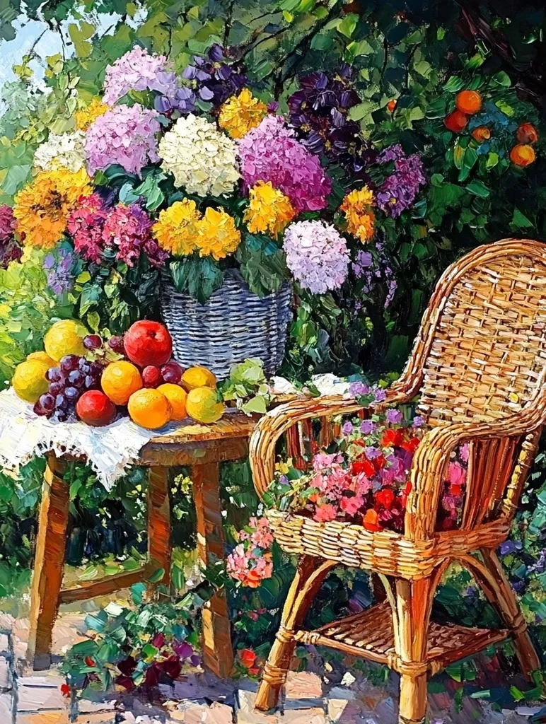 A wicker chair sits in a lush garden setting, filled with vibrant flowers in various shades of pink, purple, yellow and white. A basket overflowing with the blooms rests on a wooden table beside the chair, adorned with a white tablecloth. A bowl of fruit and grapes adds to the idyllic scene, with a scattering of orange blossoms in the background. The scene is bathed in warm, natural light, creating a sense of serenity and tranquility.