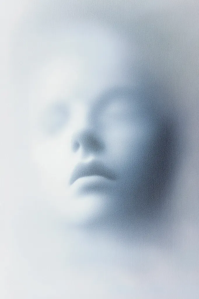 The image is a close-up of a person's face, seemingly asleep, with their eyes closed and mouth slightly parted. The face is blurred, creating a hazy and ethereal effect, as if the person is fading away. The background is a light blue, further enhancing the dreamy atmosphere. The image evokes a sense of peacefulness and tranquility.