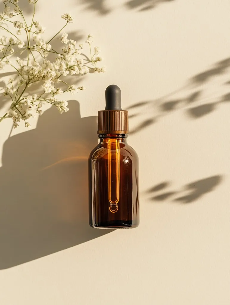 A glass bottle of amber-colored serum with a dropper sits on a light beige background. The bottle is positioned in the center of the frame, with a sprig of delicate white flowers and their shadows to the left. Sunlight casts soft shadows on the background. The image creates a minimalist and calming aesthetic.