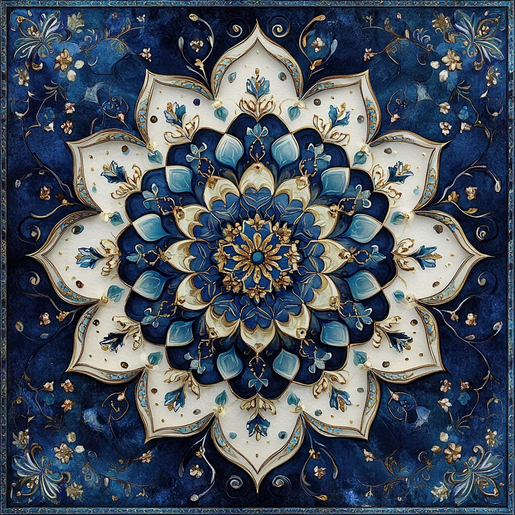 The image is a detailed mandala with intricate patterns and vibrant colors. It features a central flower motif surrounded by layers of delicate designs, all rendered in shades of blue, white, and gold. The mandala's intricate details and contrasting colors create a visually captivating and mesmerizing piece.