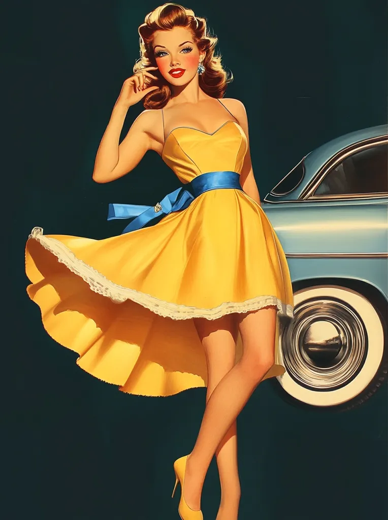 A glamorous woman with bright red lips and a yellow dress with a blue sash stands with her hand on her hip. Her dress has a lacy trim, and she is wearing yellow heels. A blue car is partially visible behind her. The background is a dark blue. The image has a vintage, pin-up style.